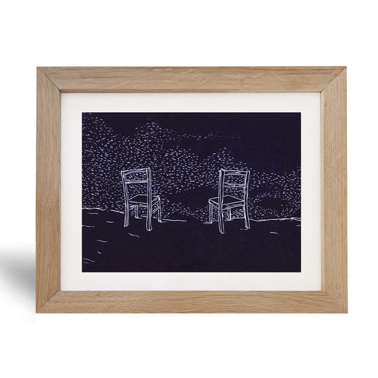 'Stoelen'- Linodruk in massief eiken kader
