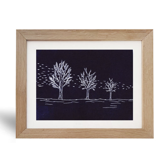 'Bomen'- Linodruk in massief eiken kader